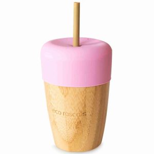 Vaso de Bambú Rosa 240 ml con tapa y 2 pajitas, Eco Rascals