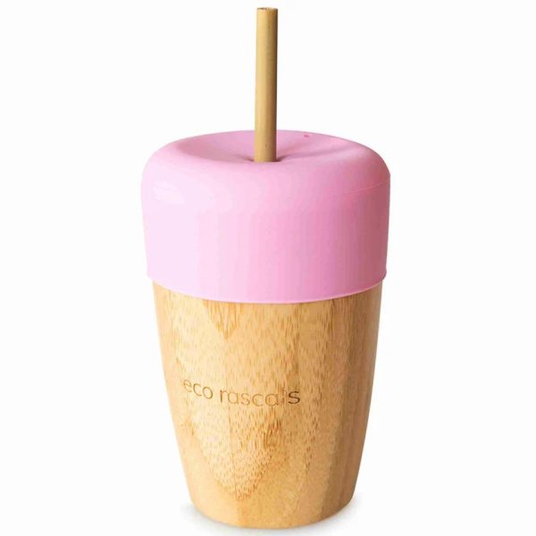 Vaso de Bambú Rosa 240 ml con tapa y 2 pajitas, Eco Rascals